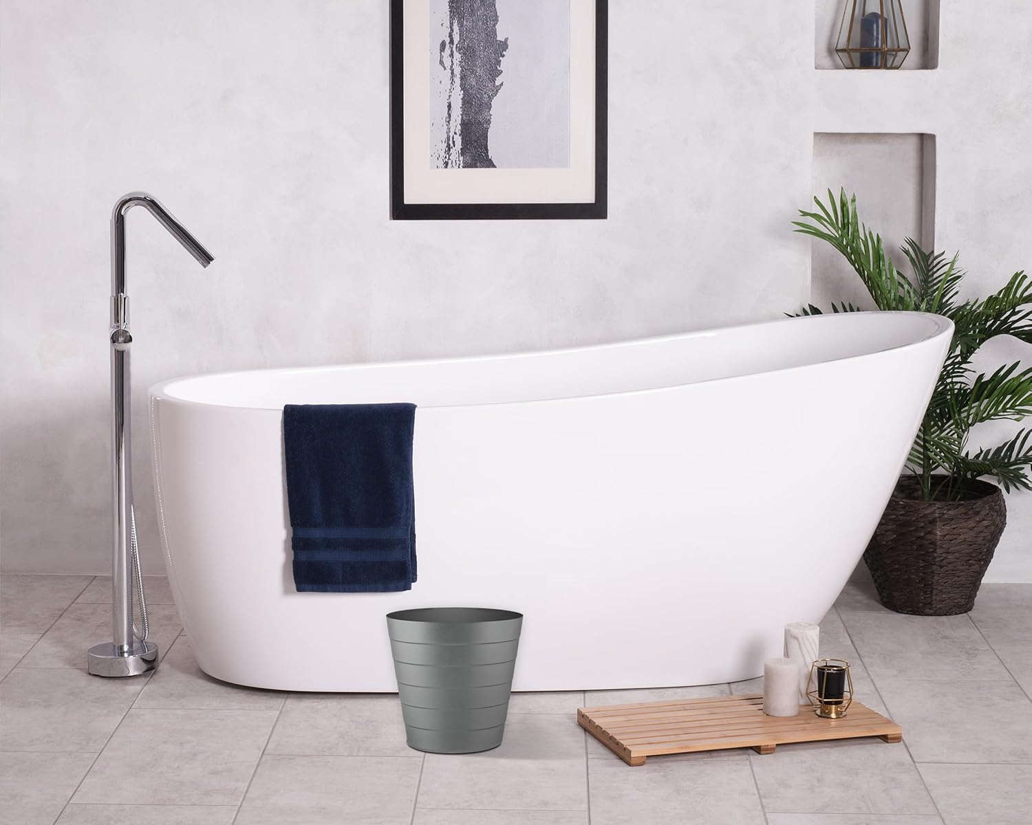 8L Plastic Paper Bin – Shatterproof Open Top Office & Desk Waste Basket, Modern Wave Design, Grey