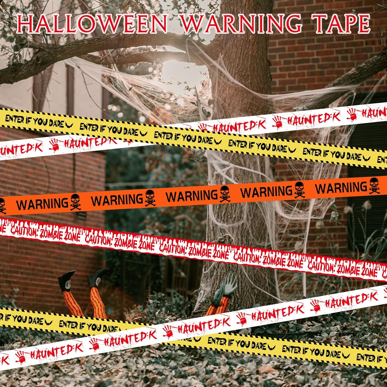 Halloween Caution Tape 4-Pack 40M – Yellow & Black Hazard Warning Tape for Haunted House, Zombie Party & Halloween Decorations
