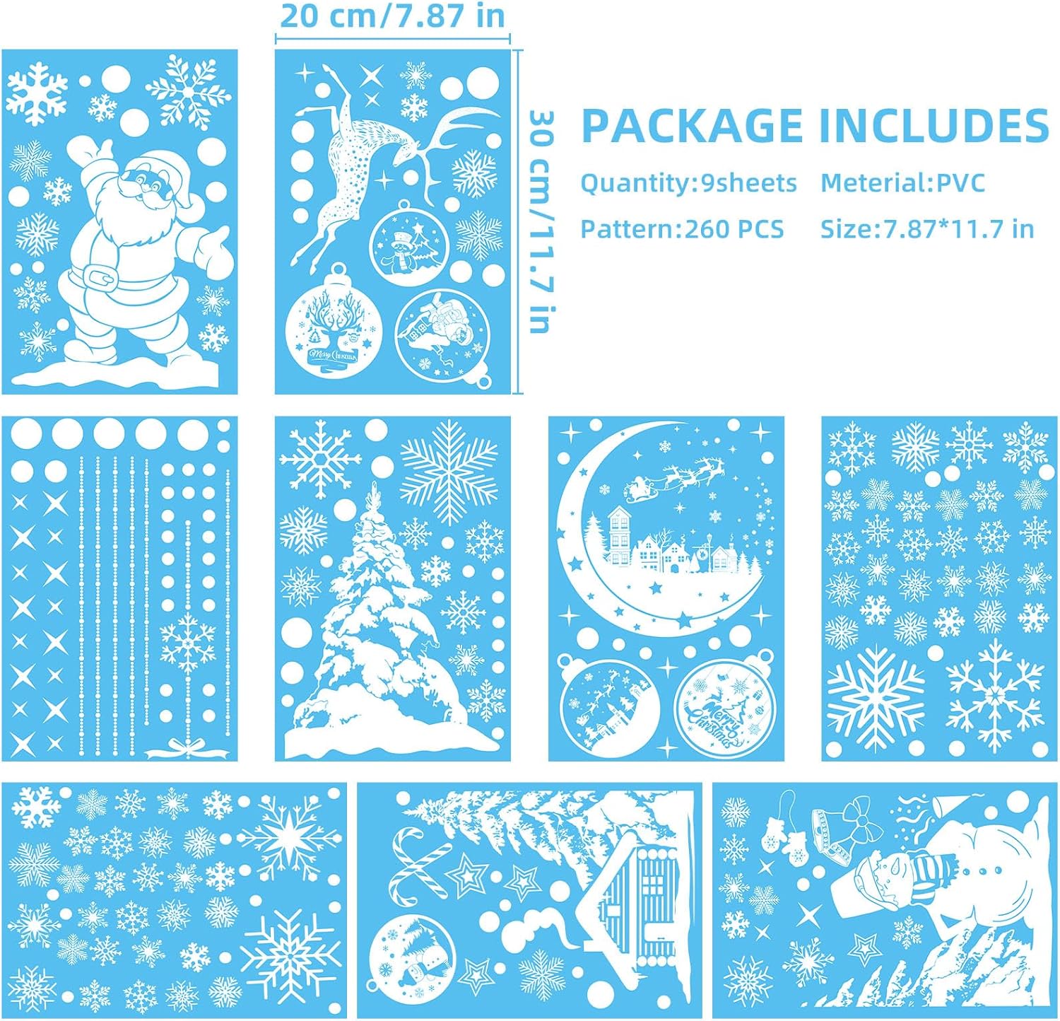 260 PCS Double-Sided Christmas Window Stickers – 9 Sheets Reusable White Static Xmas Window Clings for Home, Shop & Holiday Decorations