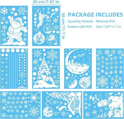 260 PCS Double-Sided Christmas Window Stickers – 9 Sheets Reusable White Static Xmas Window Clings for Home, Shop & Holiday Decorations