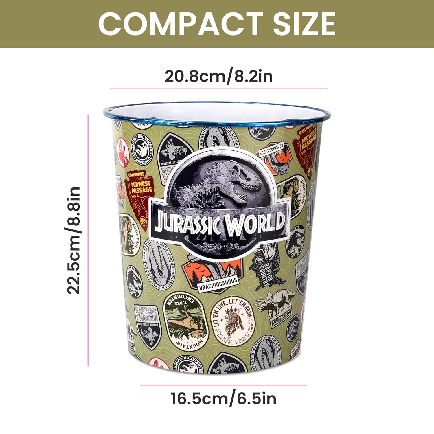 Kids Waste Paper Bin 7L – Jurassic World Dinosaur Design Plastic Trash Can for Bedroom, Study Desk & Playroom, Lightweight Open Top Dustbin