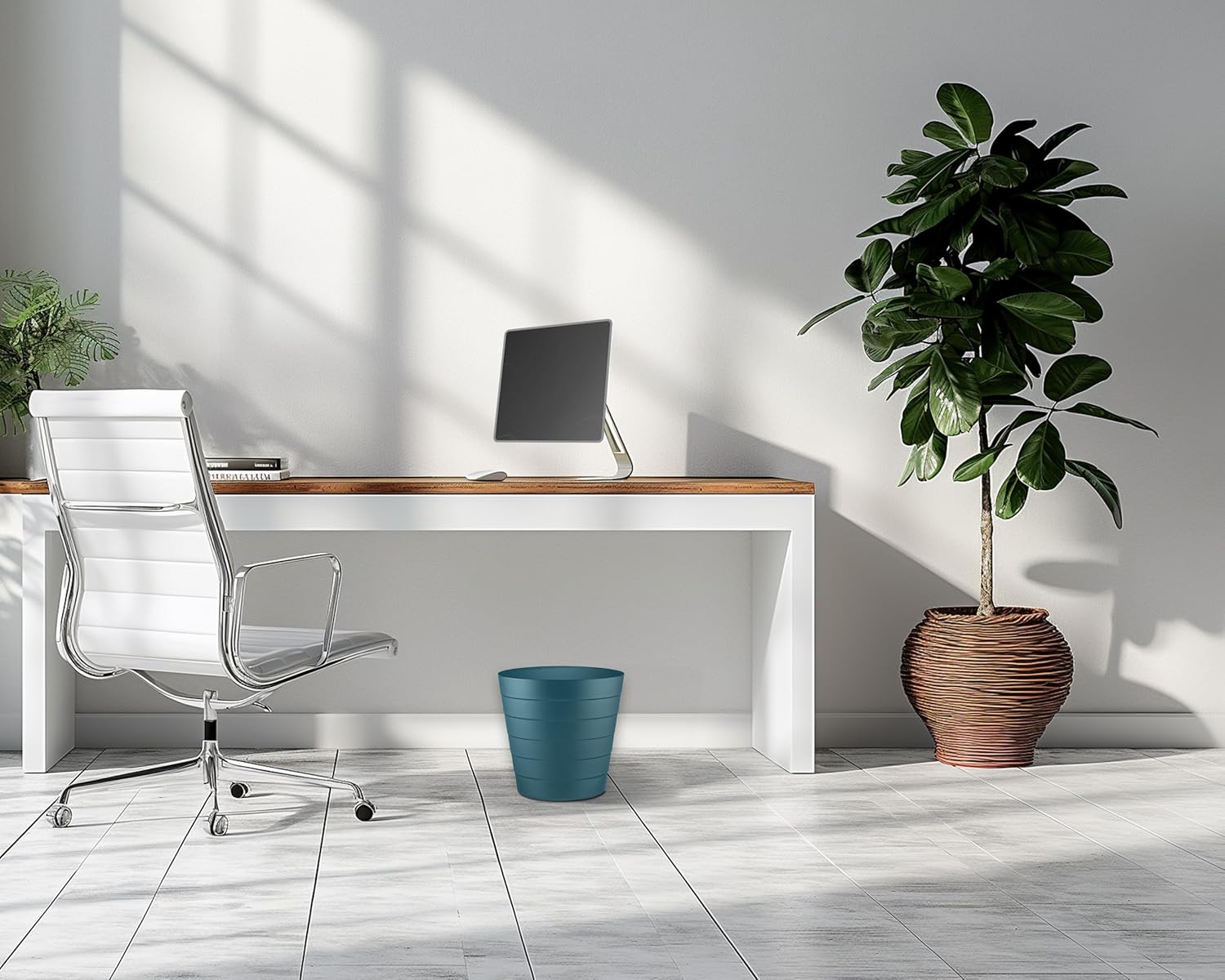 8L Plastic Paper Bin – Shatterproof Open Top Office & Desk Waste Basket, Modern Wave Design, Blue