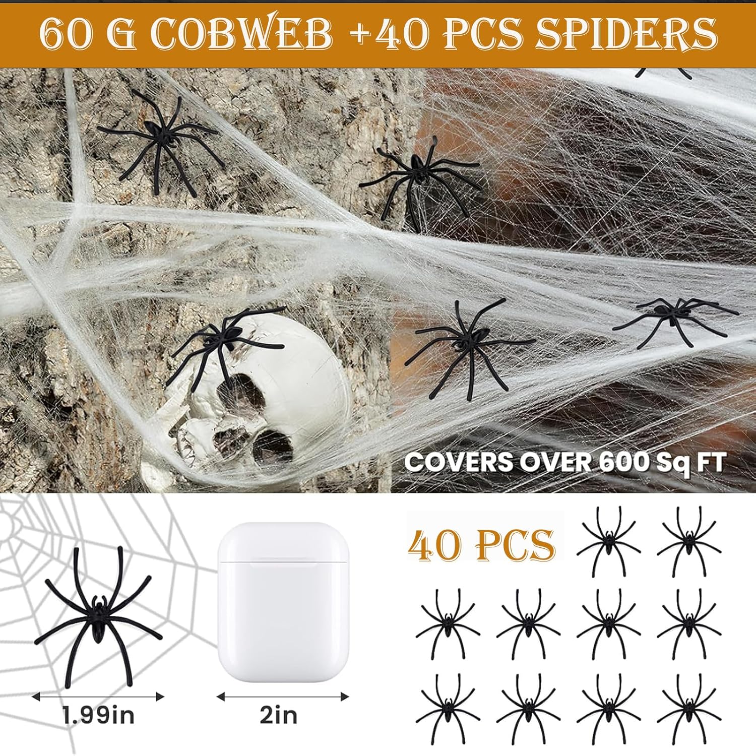 60g Halloween Spider Web with 40 Fake Spiders – Stretchable Cobweb for Outdoor Yard, Indoor Party & Haunted House Decoration