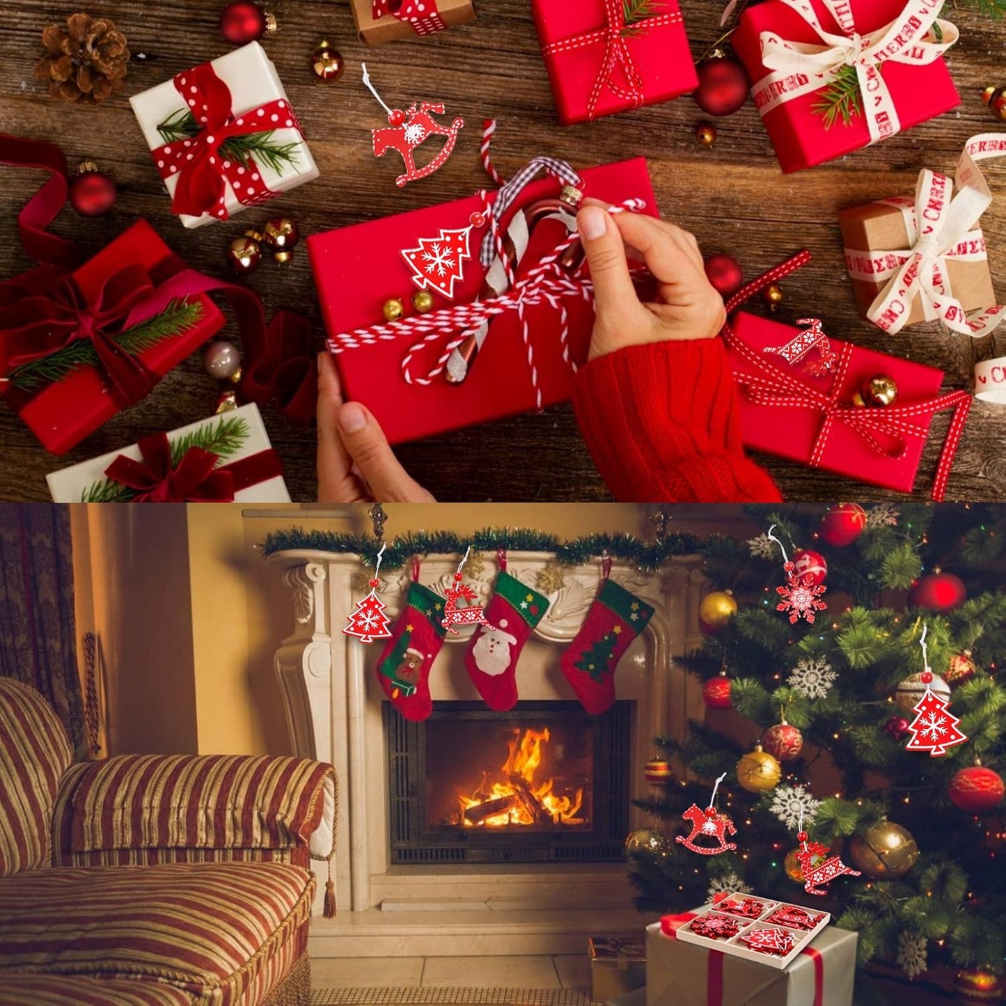 Wooden Christmas Tree Decorations – Hanging Rustic Ornaments for Tree, Wall & Holiday Party Décor, Reusable Wooden Pendant Set