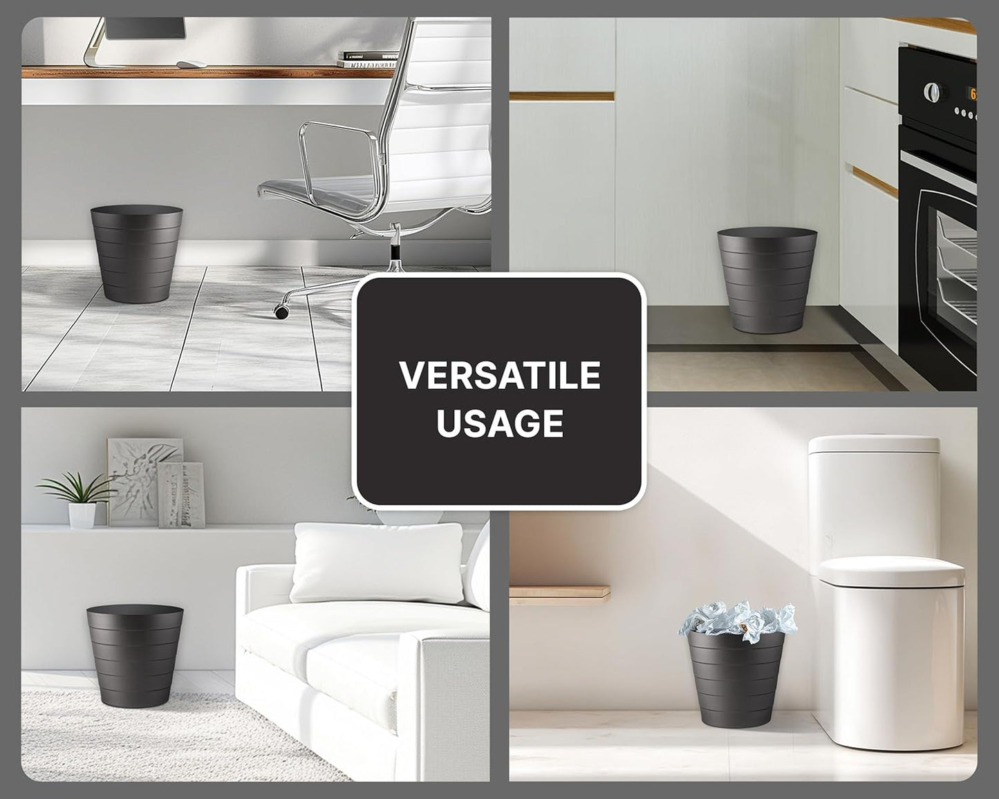 8L Plastic Paper Bin – Shatterproof Open Top Office & Desk Waste Basket, Modern Wave Design, Black