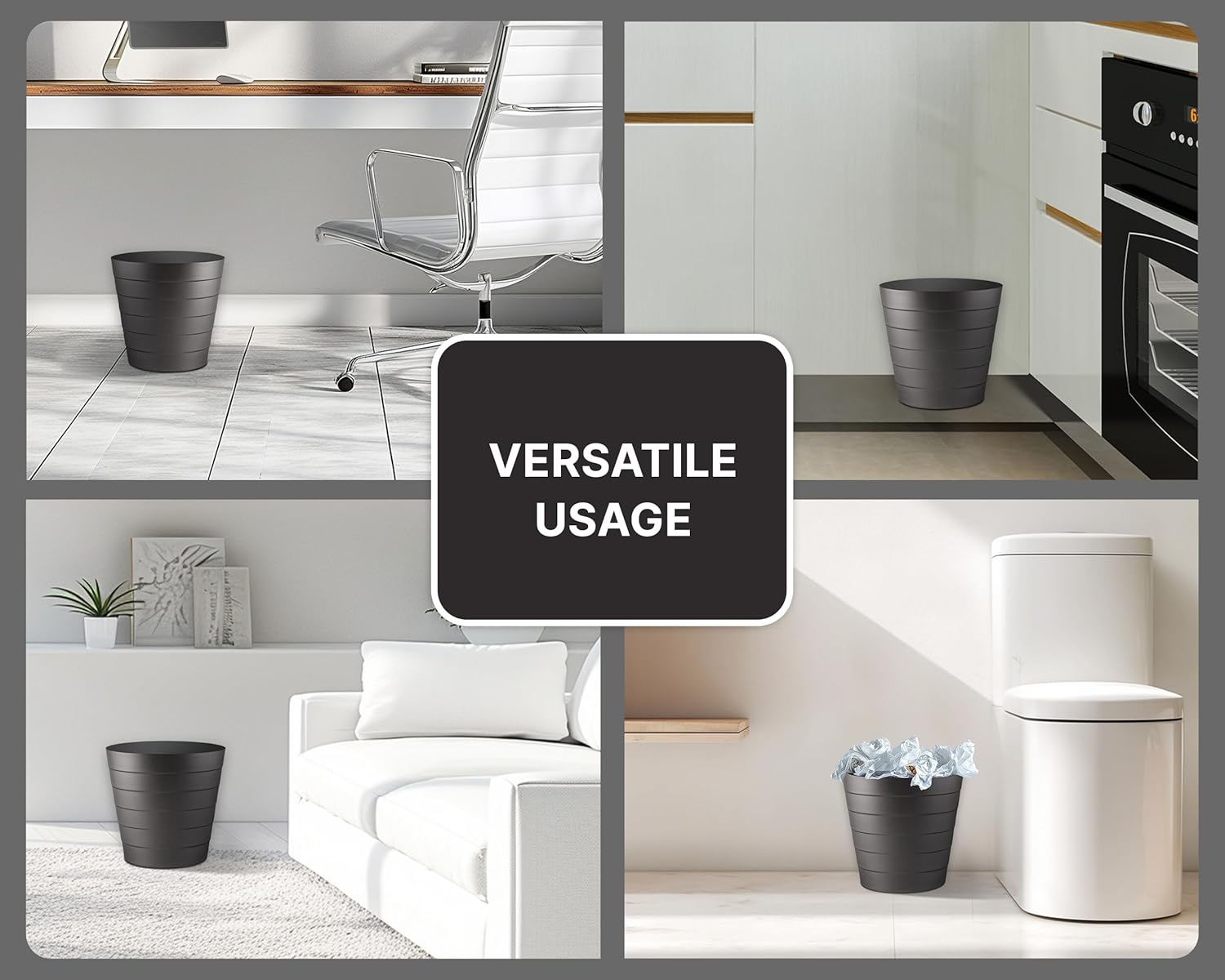 8L Plastic Paper Bin – Shatterproof Open Top Office & Desk Waste Basket, Modern Wave Design, Black