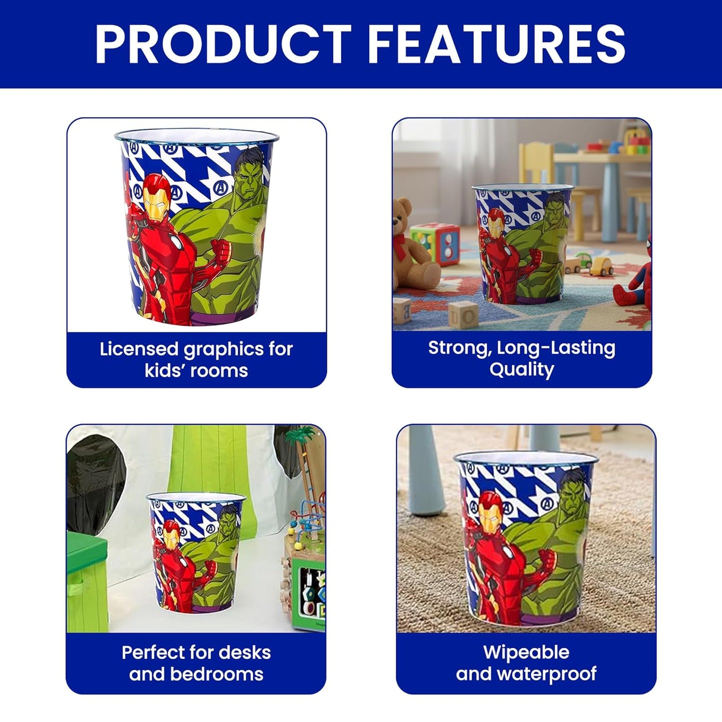 Kids Waste Paper Bin 7L – Avengers Design Plastic Trash Can for Bedroom, Study Desk & Playroom, Lightweight Open Top Dustbin