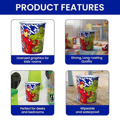 Kids Waste Paper Bin 7L – Avengers Design Plastic Trash Can for Bedroom, Study Desk & Playroom, Lightweight Open Top Dustbin
