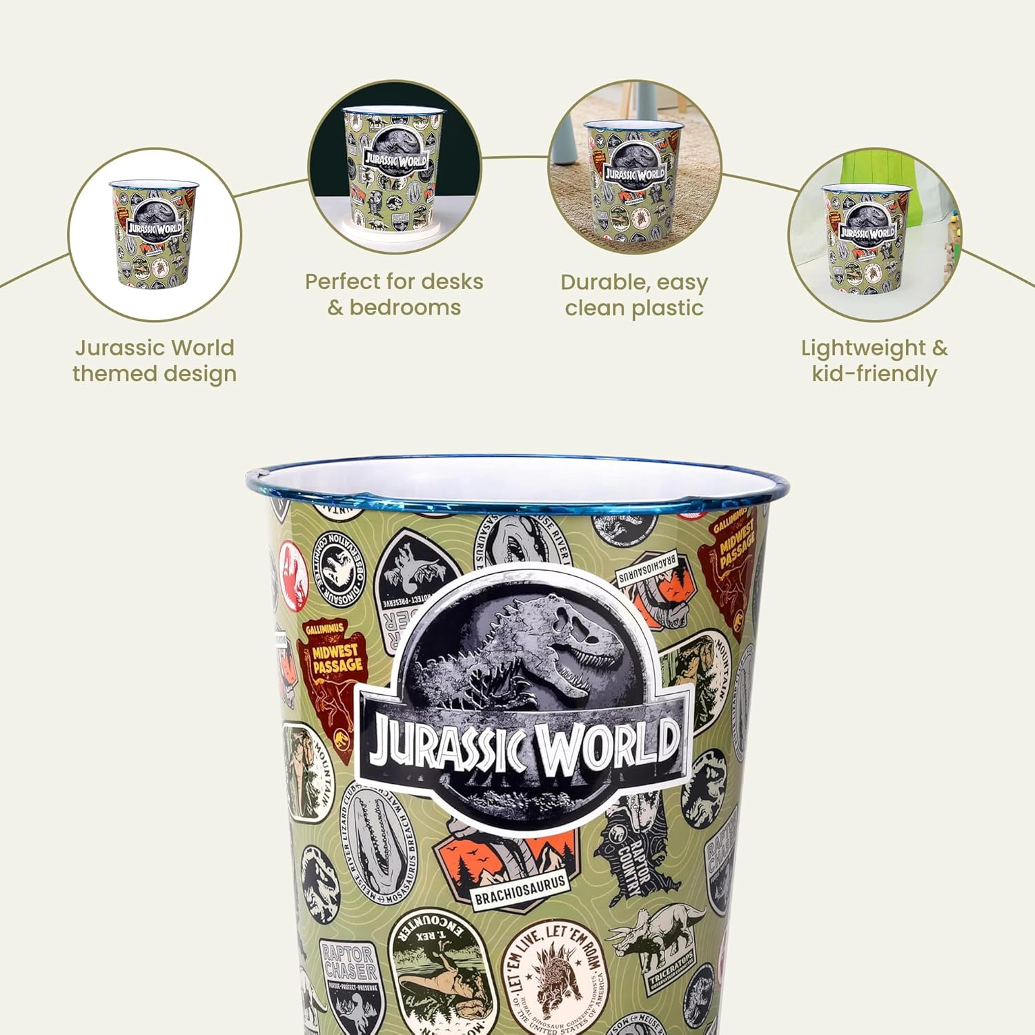 Kids Waste Paper Bin 7L – Jurassic World Dinosaur Design Plastic Trash Can for Bedroom, Study Desk & Playroom, Lightweight Open Top Dustbin