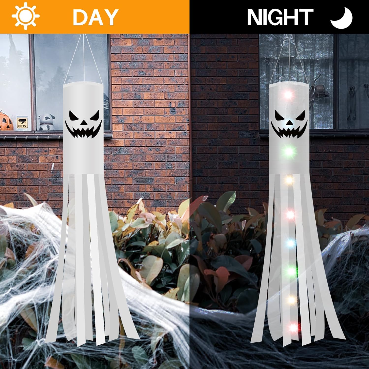 Halloween Ghost Decorations 2PCS – 180CM Hanging Windsock Flags with 2M LED Lights for Outdoor Yard, Garden, Lawn & Halloween Party Decor