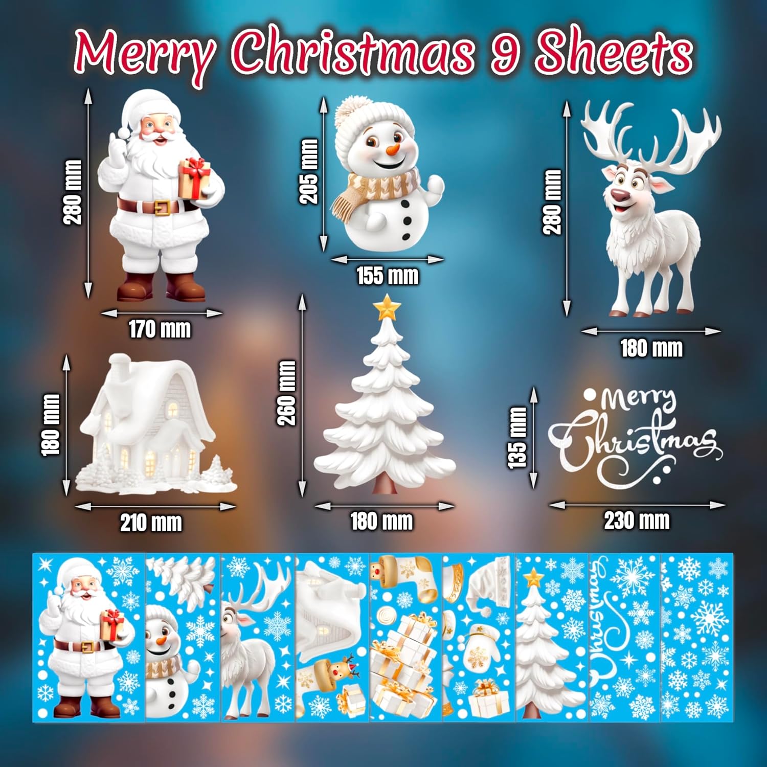 9 Sheets 3D Christmas Window Stickers – Double-Sided Reusable Xmas Window Clings with Snowflakes, Santa Claus, Reindeer & Snowman Designs