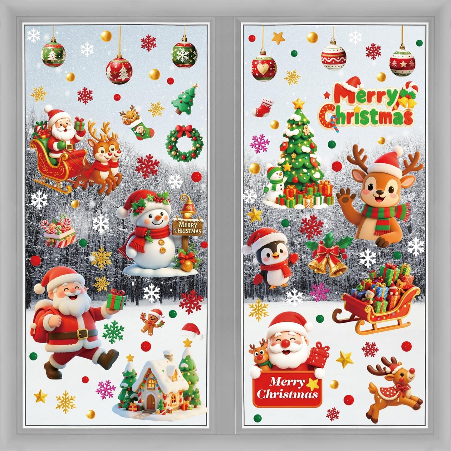 9 Sheets Double-Sided Christmas Window Stickers – Reusable Xmas Window Clings with Santa, Snowman & Snowflakes for Home, Shop & Holiday Decorations