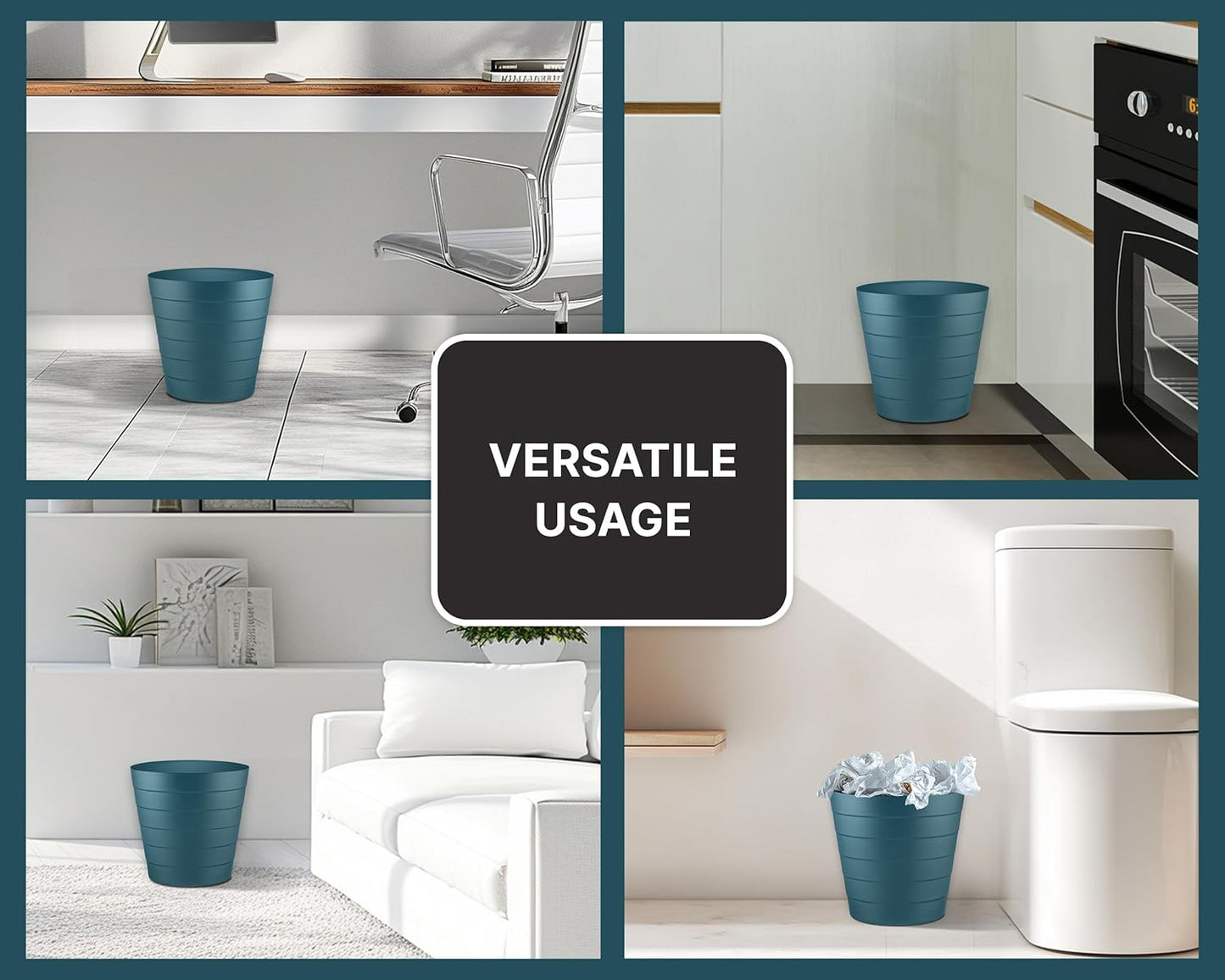 8L Plastic Paper Bin – Shatterproof Open Top Office & Desk Waste Basket, Modern Wave Design, Blue