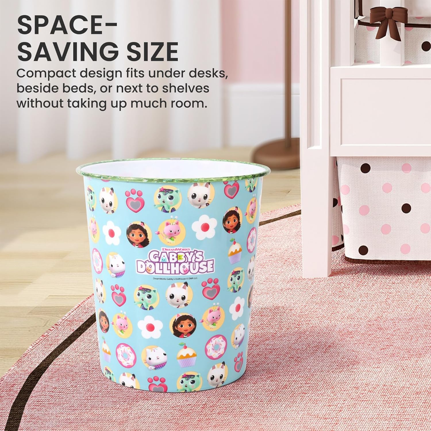 Kids Waste Paper Bin 7L – Gabby’s Dollhouse Design Plastic Trash Can for Bedroom, Study Desk & Playroom, Lightweight Open Top Dustbin