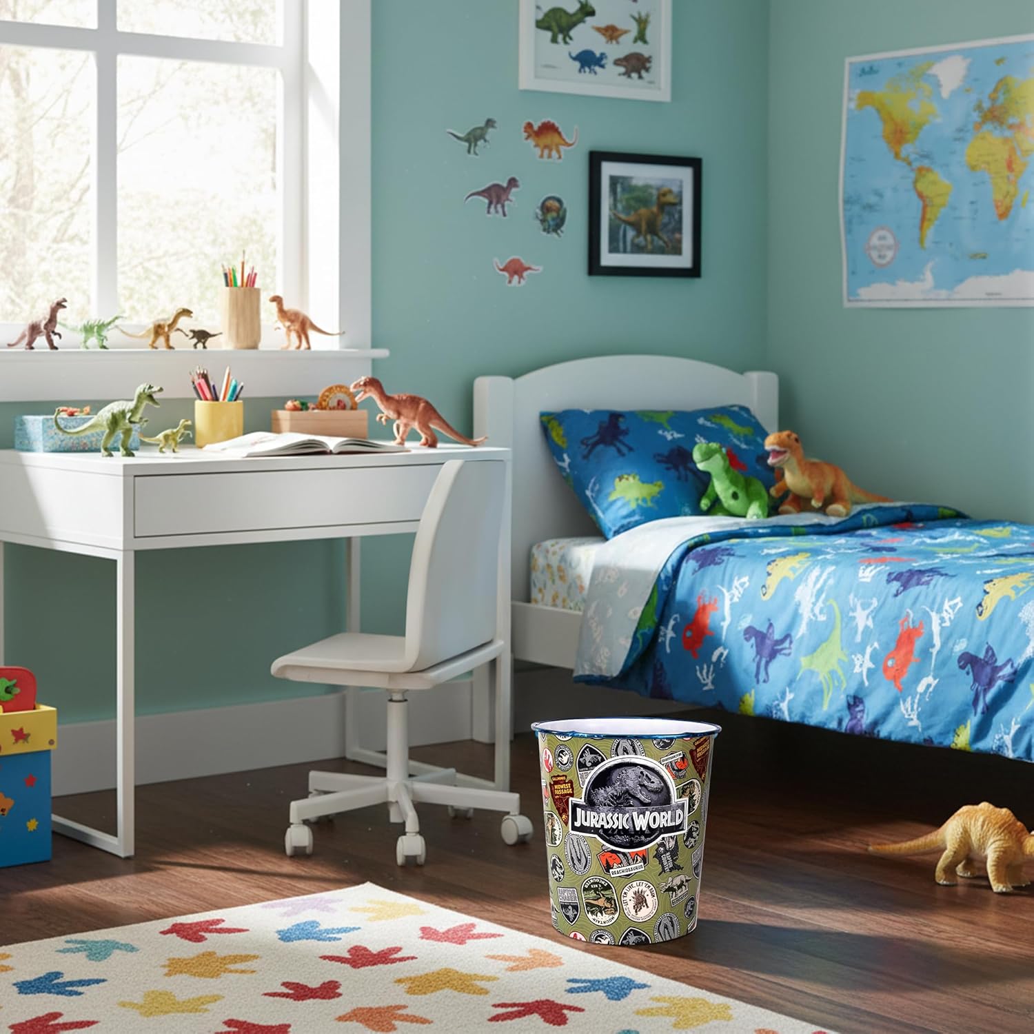 Kids Waste Paper Bin 7L – Jurassic World Dinosaur Design Plastic Trash Can for Bedroom, Study Desk & Playroom, Lightweight Open Top Dustbin
