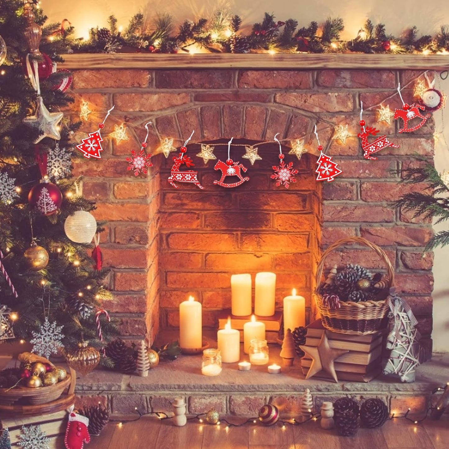 Wooden Christmas Tree Decorations – Hanging Rustic Ornaments for Tree, Wall & Holiday Party Décor, Reusable Wooden Pendant Set