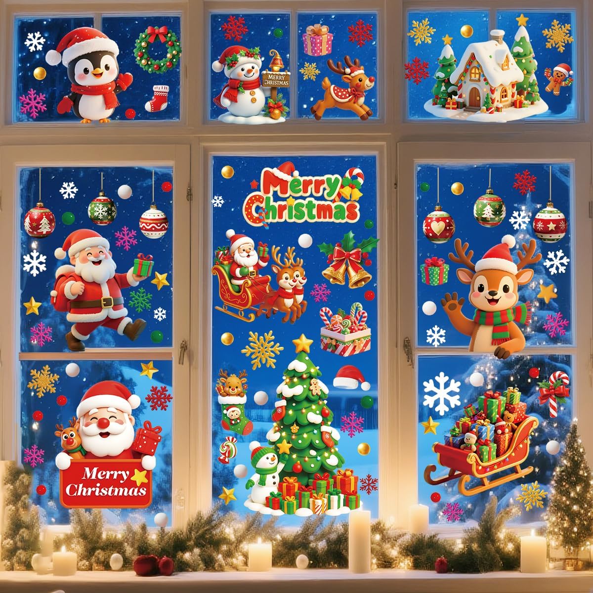 9 Sheets Double-Sided Christmas Window Stickers – Reusable Xmas Window Clings with Santa, Snowman & Snowflakes for Home, Shop & Holiday Decorations