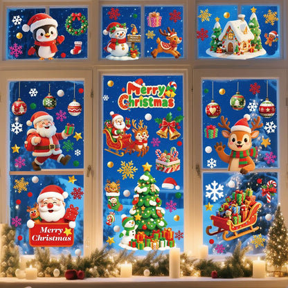 9 Sheets Double-Sided Christmas Window Stickers – Reusable Xmas Window Clings with Santa, Snowman & Snowflakes for Home, Shop & Holiday Decorations