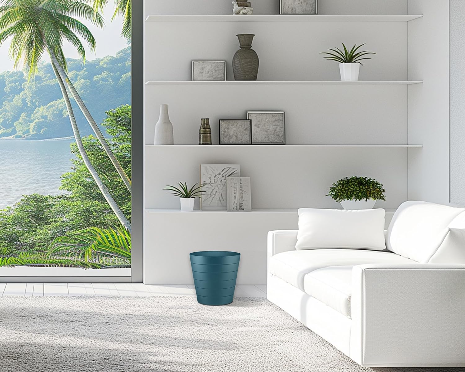 8L Plastic Paper Bin – Shatterproof Open Top Office & Desk Waste Basket, Modern Wave Design, Blue