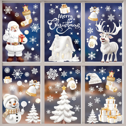190PCS 3D Christmas Window Stickers – Double-Sided Santa Claus & Snowflake Clings, Self-Adhesive Window Decals for Home, Shop & Holiday Party Decorations