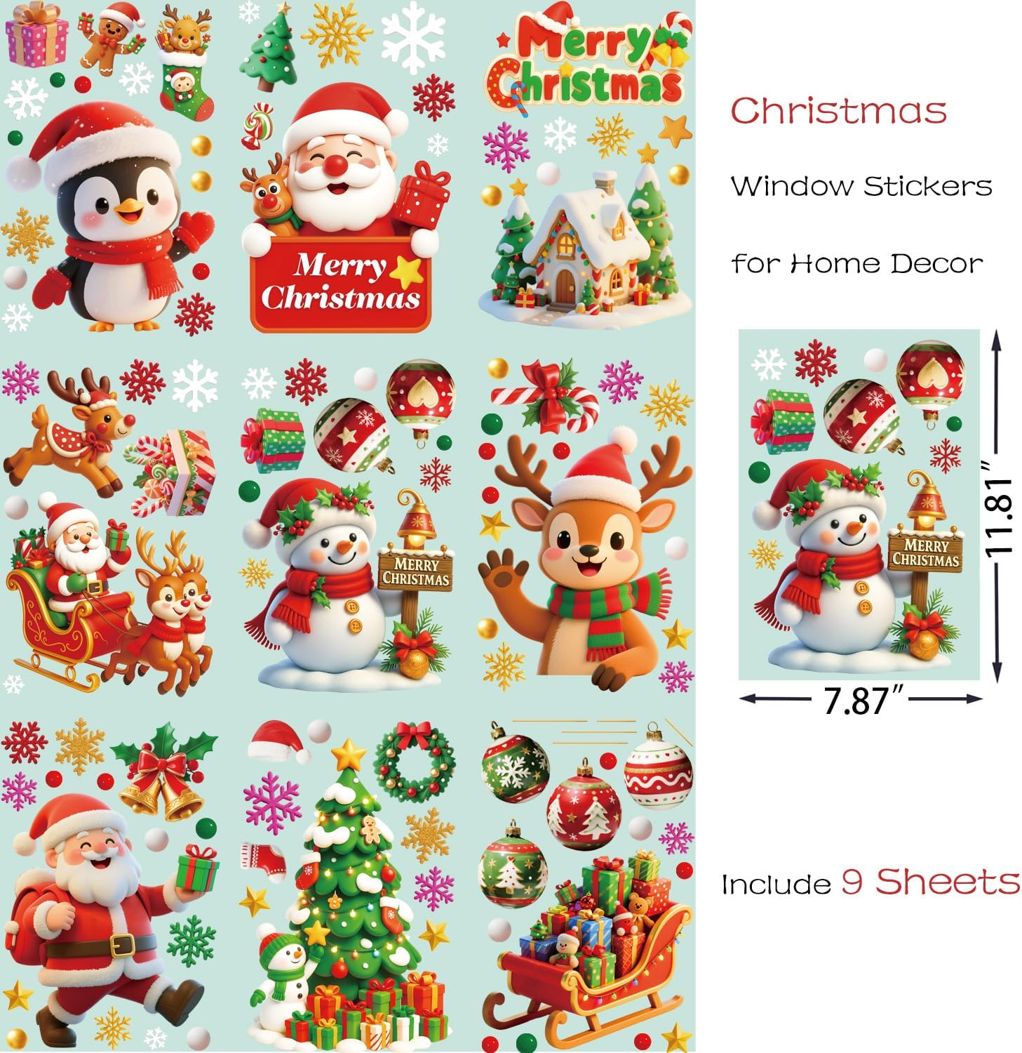 9 Sheets Double-Sided Christmas Window Stickers – Reusable Xmas Window Clings with Santa, Snowman & Snowflakes for Home, Shop & Holiday Decorations