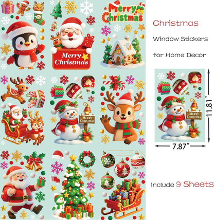 9 Sheets Double-Sided Christmas Window Stickers – Reusable Xmas Window Clings with Santa, Snowman & Snowflakes for Home, Shop & Holiday Decorations