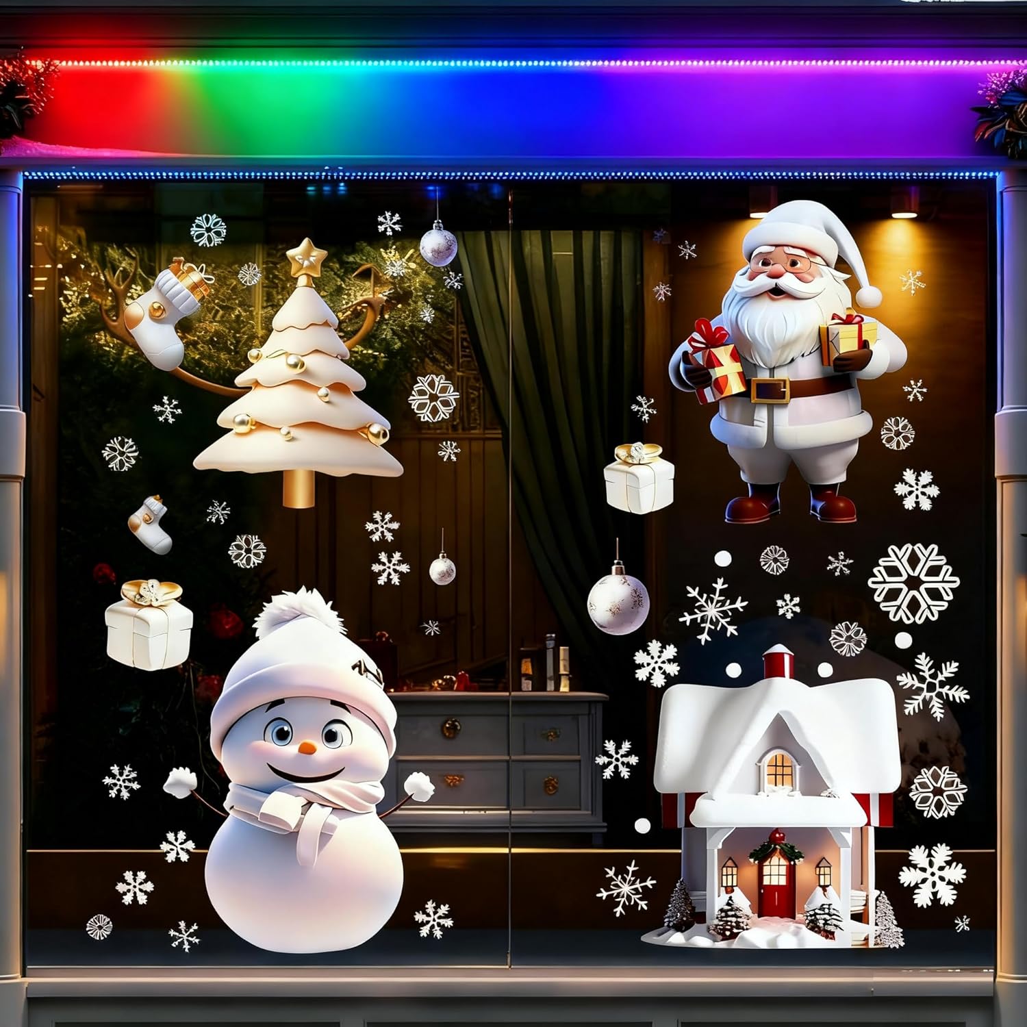 114PCS Christmas Snowflake Window Stickers – White 3D Static Clings with Santa & Snowman Designs for Glass Windows, Home & Holiday Party Decorations