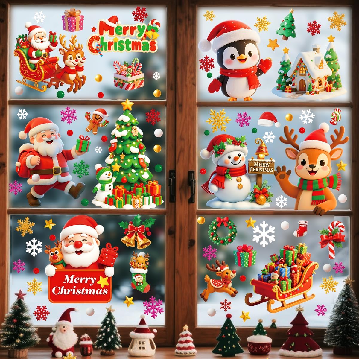 9 Sheets Double-Sided Christmas Window Stickers – Reusable Xmas Window Clings with Santa, Snowman & Snowflakes for Home, Shop & Holiday Decorations