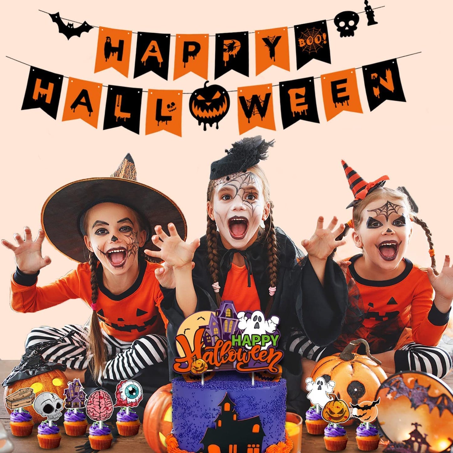 Happy Halloween Banner Decorations – Pumpkin Bunting Hanging Garland for Indoor & Outdoor Halloween Party, Home or Office Decor