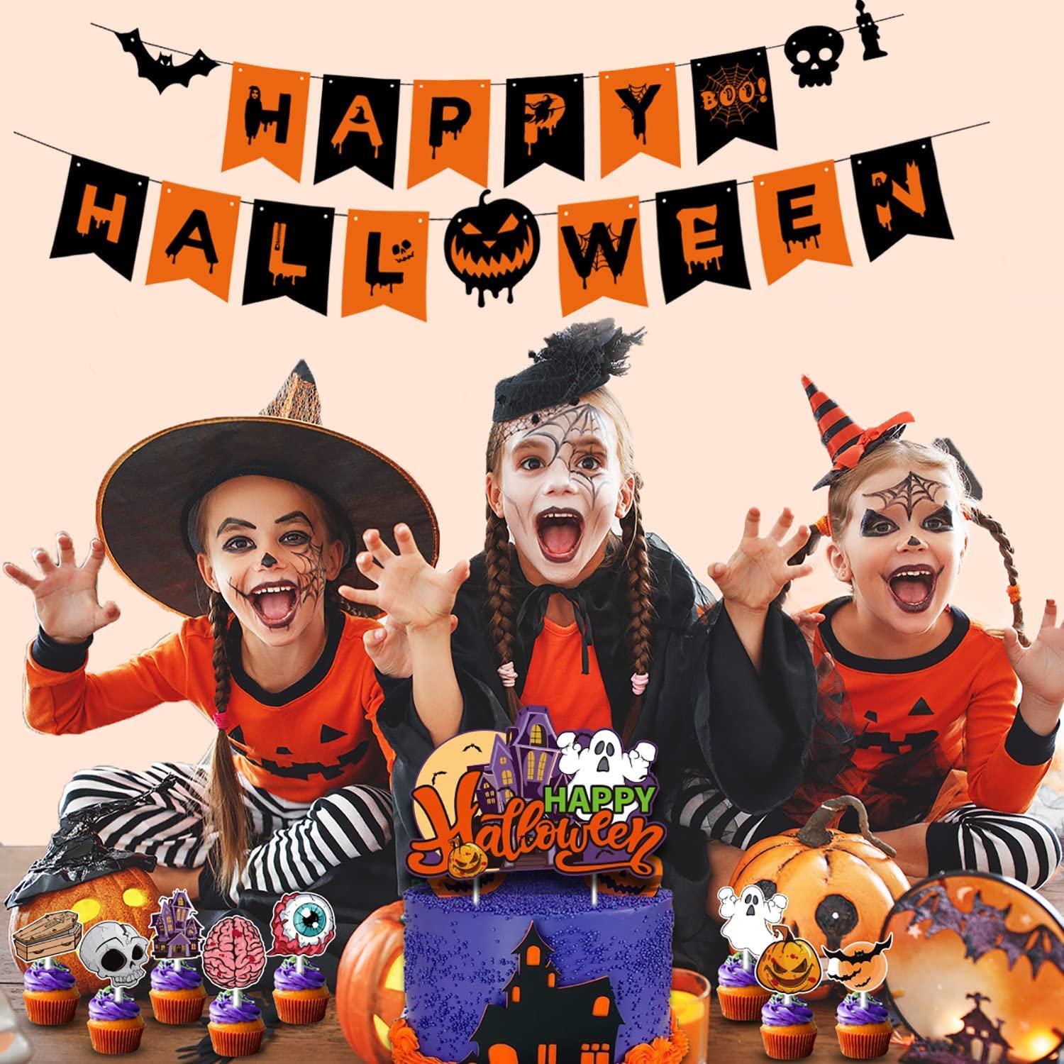 Happy Halloween Banner Decorations – Pumpkin Bunting Hanging Garland for Indoor & Outdoor Halloween Party, Home or Office Decor