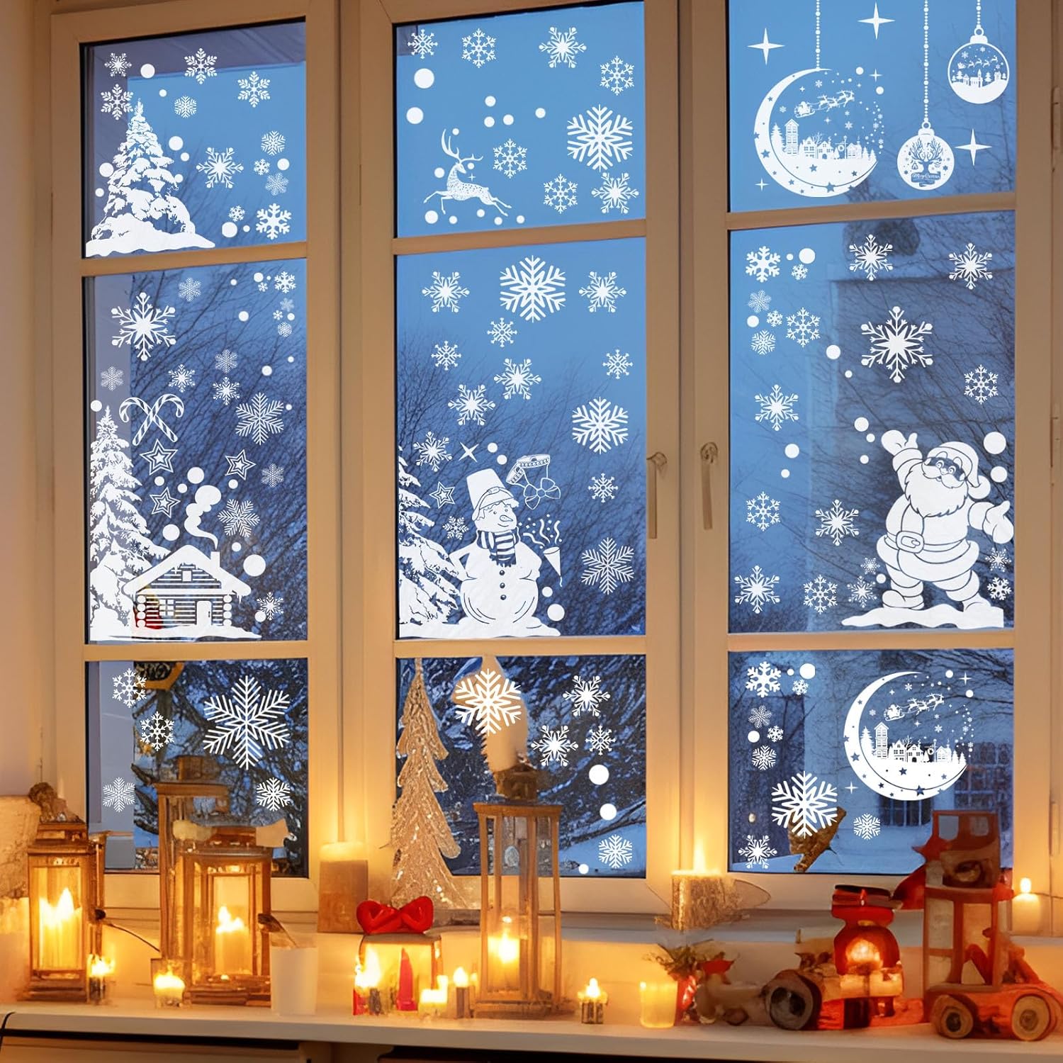 260 PCS Double-Sided Christmas Window Stickers – 9 Sheets Reusable White Static Xmas Window Clings for Home, Shop & Holiday Decorations