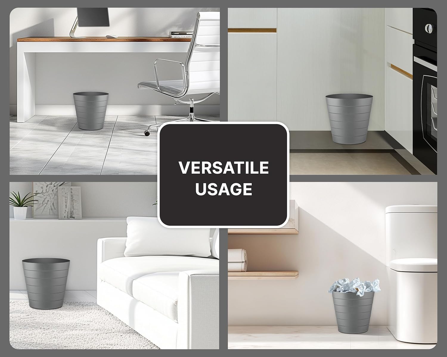 8L Plastic Paper Bin – Shatterproof Open Top Office & Desk Waste Basket, Modern Wave Design, Grey