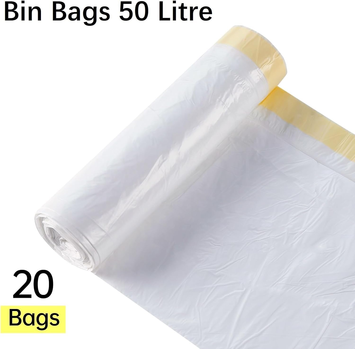 50L Drawstring Bin Bags – Strong HDPE Tie Handle Waste Liners, 20 Pack (62×78cm)
