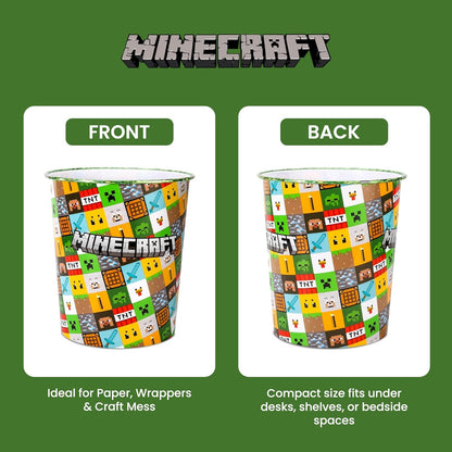 Kids Waste Paper Bin 7L – Minecraft Design Plastic Trash Can for Bedroom, Study Desk & Playroom, Lightweight Open Top Dustbin