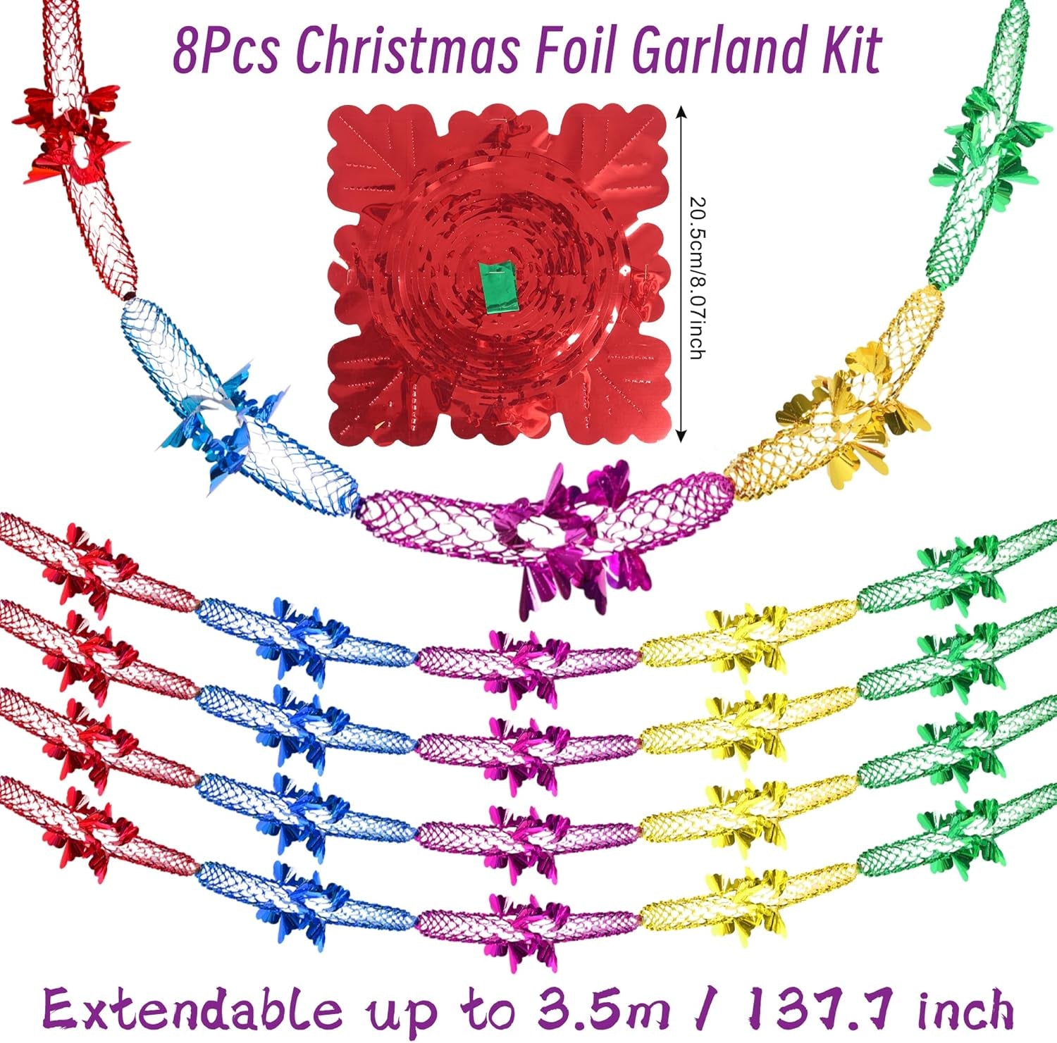 8PCS Christmas Ceiling Decorations – 9.6 Inch Foil Garlands Expandable to 3M, Hanging Xmas & New Year Party Decorations for Home, Office & Holiday Events